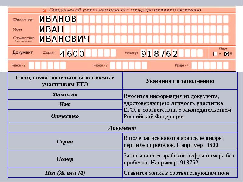 Образец регистрационных полей бланка регистрации участника экзамена