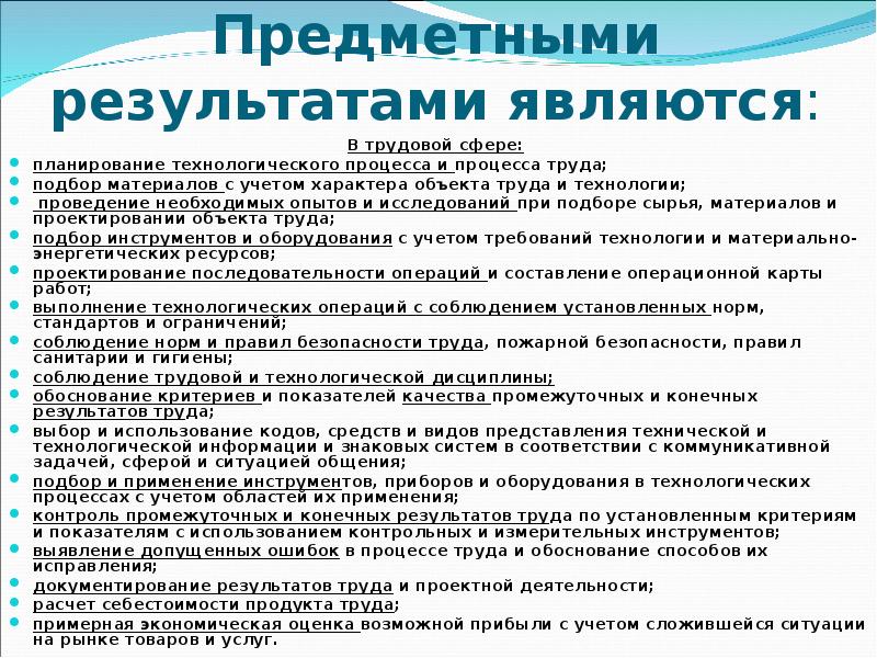 Планируемые результаты проекта предметные