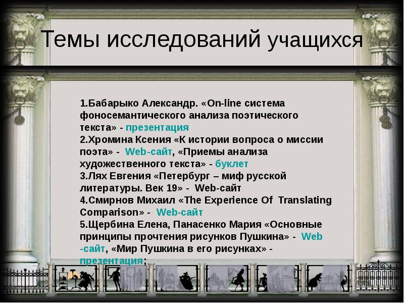 Миссия поэта. Принципы анализа стихотворного текста. Источники изучения учащихся. Исследовательские работы учащихся по истории. Перевод художественных текстов в презентациях.