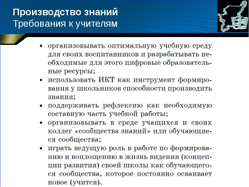 Требования к учителю. Производство знаний. Текст производство знаний процесс бесконечный.