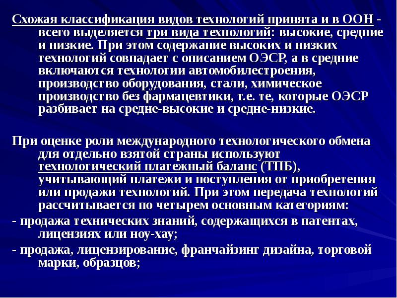 Сойти выделить. Низкие технологии. Виды высоких технологий. Формы международного обмена технологиями.