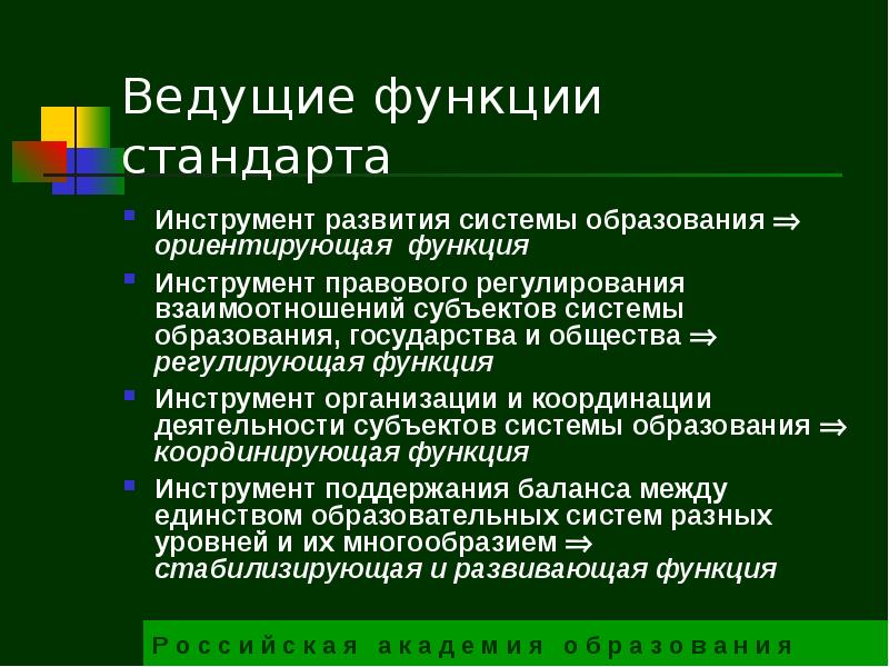 Ведущая роль в обществе. Функции стандартов. Функции инструментария. Функции государства в образовании. Функции инструментов.