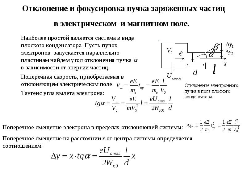 Частица в однородном электрическом поле. Отклонение заряженных частиц электрическим полем. Траектории заряженных частиц в магнитном поле и электрическом. Отклонение электрона в электрическом поле. Угол отклонения траектории электрона.