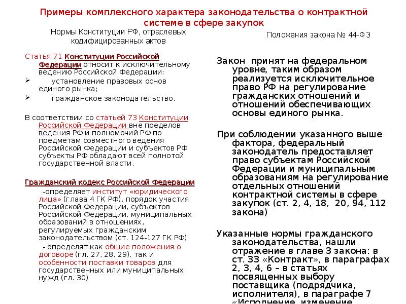Примеры комплексного характера законодательства о контрактной системе в сфере закупок Статья