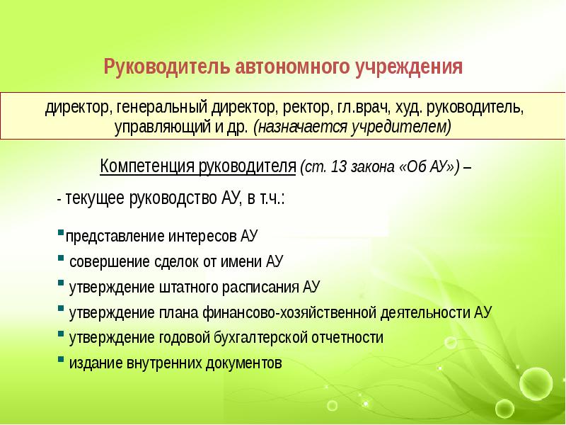 Число автономных учреждений. Руководитель автономного учреждения.