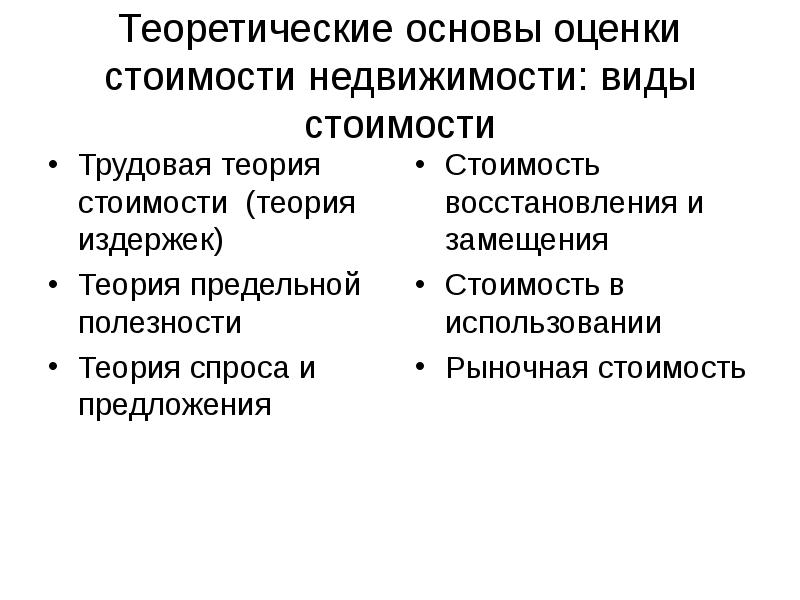 Виды стоимости недвижимости презентация