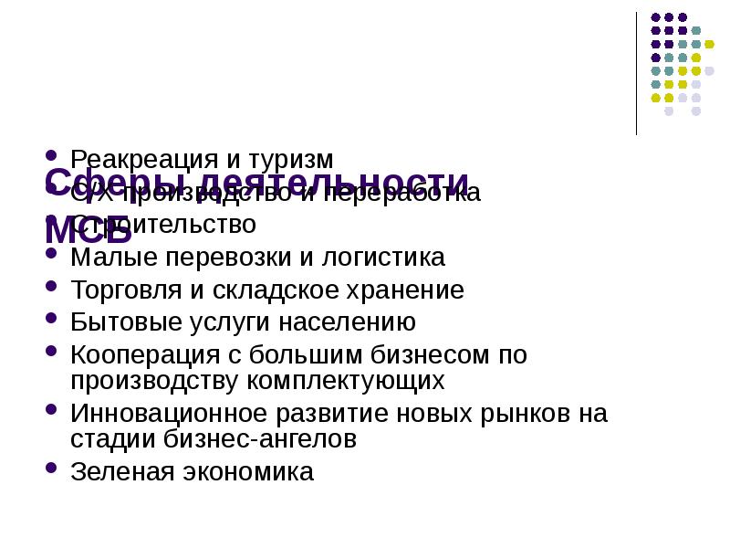 Сферы деятельности МСБ Реакреация и туризм С/Х производство и переработка Строительство 