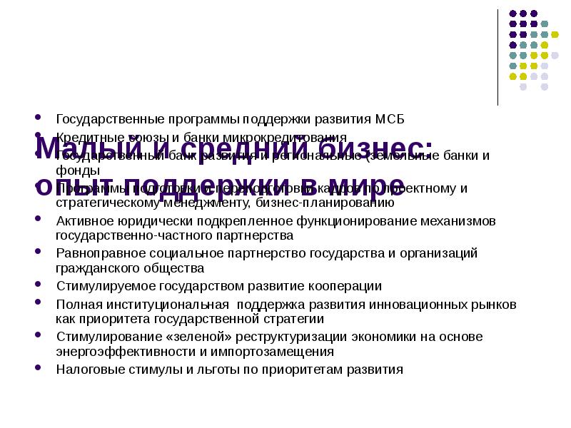 Малый и средний бизнес: опыт поддержки в мире Государственные программы