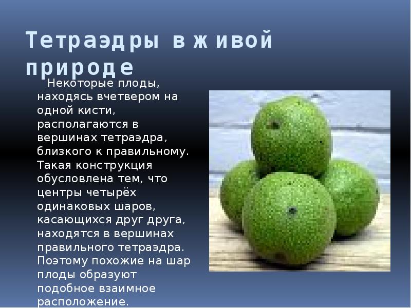 Тетраэдры в живой природе
Некоторые плоды, находясь Тетраэдры в живой природе
Некоторые плоды, находясь