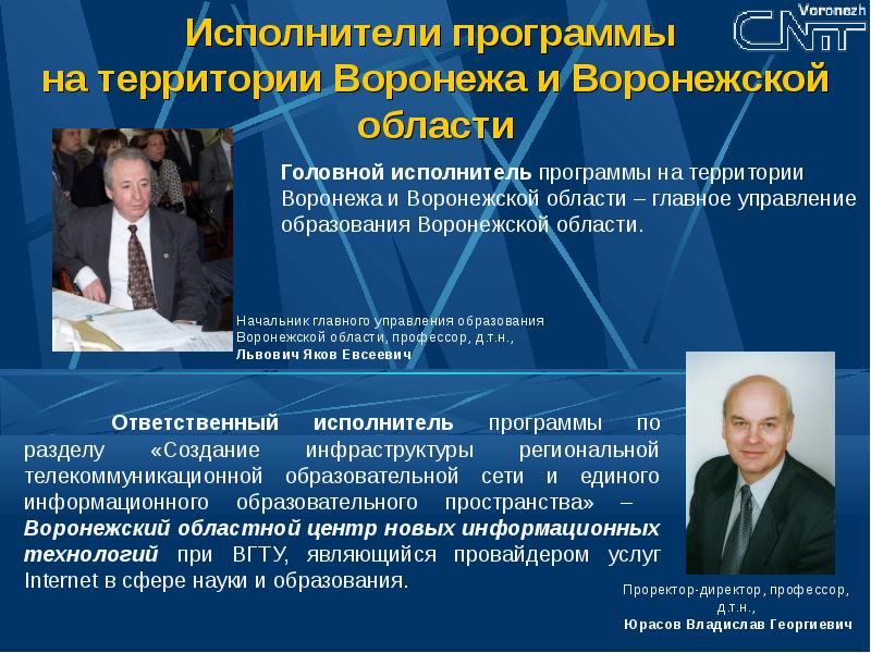 Исполнитель программы. Центр новых информационных технологий. Юрасов Владислав Георгиевич. Юрасов ВГТУ Воронеж. Кто является ответственным исполнителем программы.