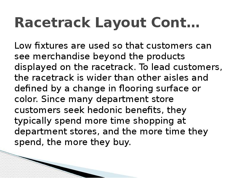 Racetrack Layout Cont… Low fixtures are used so that customers can
