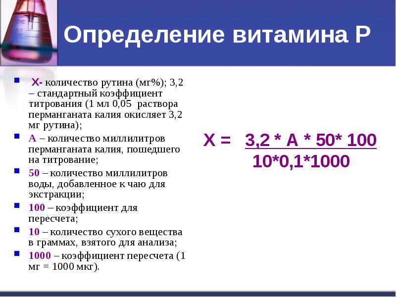 1 мл 1 раствора. Витамины определение. Методика определения витаминов. Количественное определение витамина р в чае.