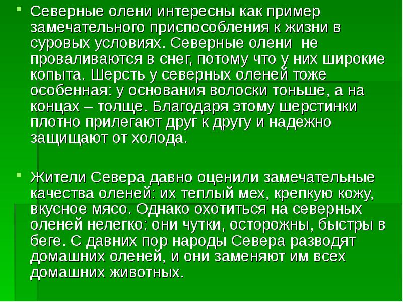 Северные олени интересны как пример замечательного приспособления к жизни в суровых