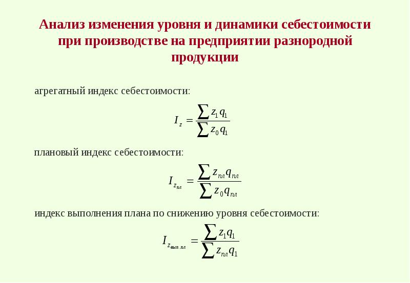 Индекс себестоимости формула