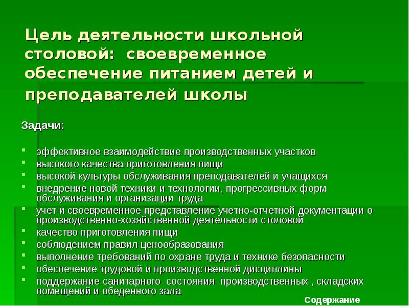 Состояние производственной территории. Задачи школьной столовой.