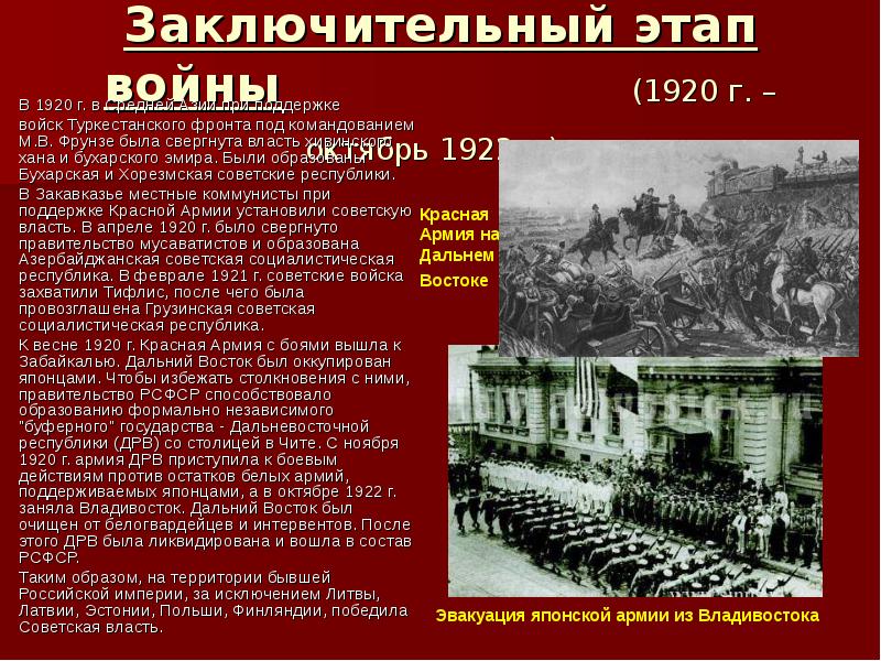 1920 1922 независимая республика дальнего востока. Гражданская война Россия 1920 Фрунзе. Заключительный этап войны. Гражданская война в России 1918-22. 22 Октября 1922.