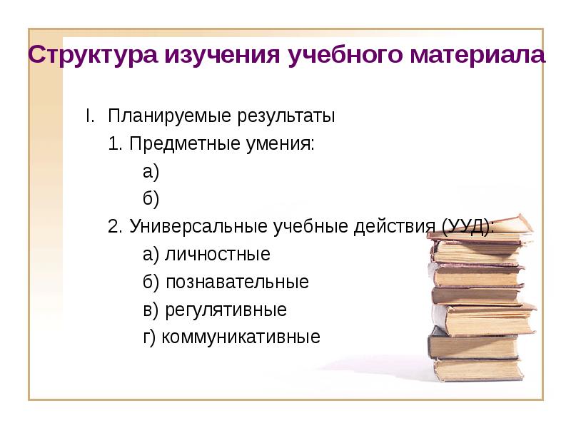 Изучение структуры стандартов. Изучение учебного материала. Предметные умения. Выучить структуры. Строгое структурирование изучаемого учениками материала.