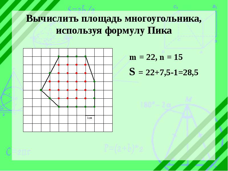 Найди площадь многоугольника изображенного на рисунке если длина клетки равна 1 см