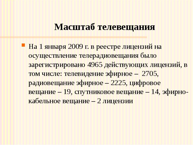 Масштаб телевещания На 1 января 2009 г. в реестре лицензий на