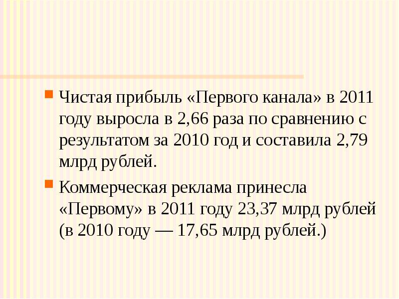 Чистая прибыль «Первого канала» в 2011 году выросла в 2,66 раза