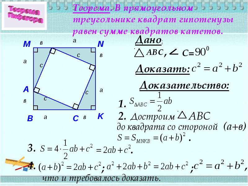 Сумма квадратов гипотенузы. Квадрат гипотенузы равен сумме квадратов катетов теорема. Квадрат гипотенузы равен сумме квадратов катетов формула. Квадрат гипотенузы равен сумме квадратов катетов доказательство. Теорема о сумме квадратов катетов.