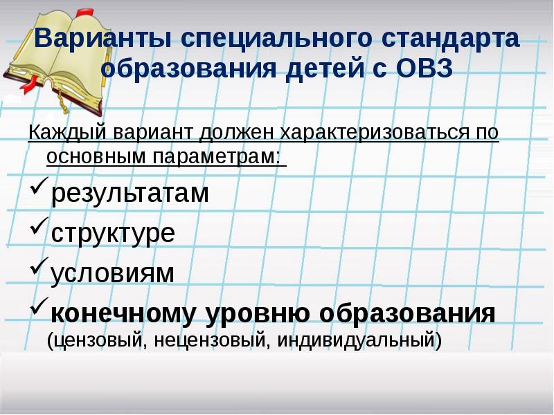 Стандарт специального образования. Варианты ФГОС для детей с ОВЗ цензовые. Цензовый нецензовый уровень образования детей с ОВЗ. Варианты стандарта цензовый уровень образование с ОВЗ. Уровни образования для детей с ОВЗ.