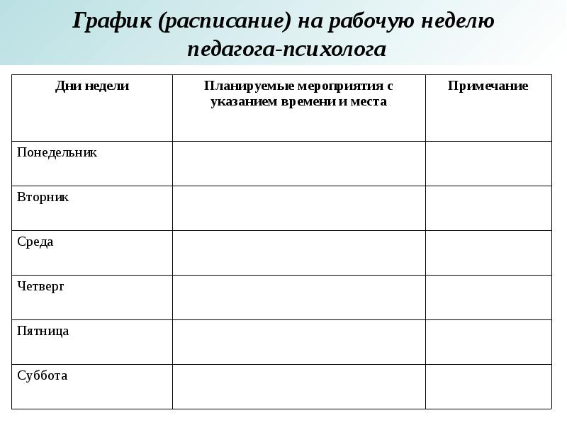 План работы психолога в школе на неделю