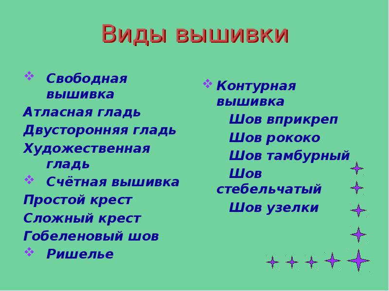 Виды вышивки
Свободная вышивка
Атласная гладь
Двусторонняя гладь
Художественная гладь
Счётная Виды вышивки
Свободная вышивка
Атласная гладь
Двусторонняя гладь
Художественная гладь
Счётная