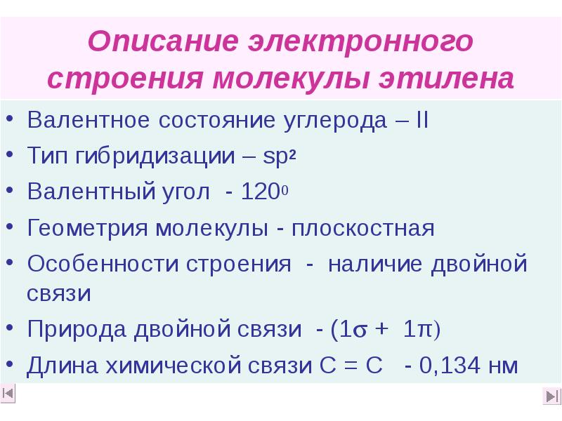 Описание электронного строения молекулы этилена
Валентное состояние углерода – II Описание электронного строения молекулы этилена
Валентное состояние углерода – II