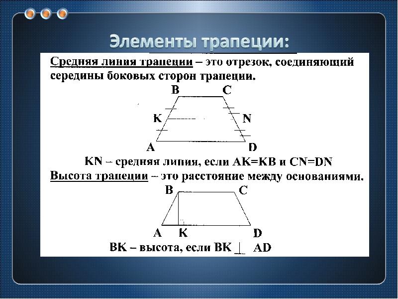 Свойства средней трапеции. Элементы трапеции. Площадь трапеции через среднюю линию. Средняя линия трапеции и высота. Основные элементы трапеции.