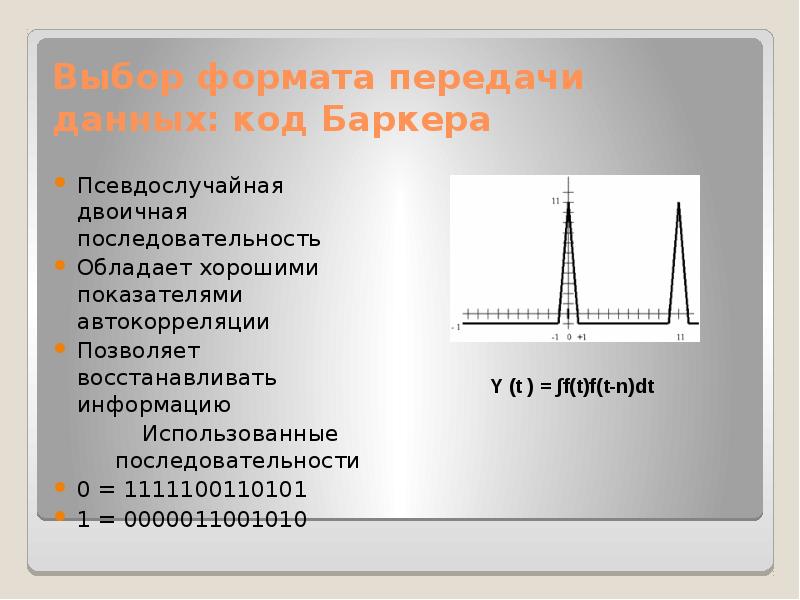 Формат передач. АКФ кода Баркера. АКФ последовательности Баркера. Таблица кодов Баркера. Сигнал Баркера.