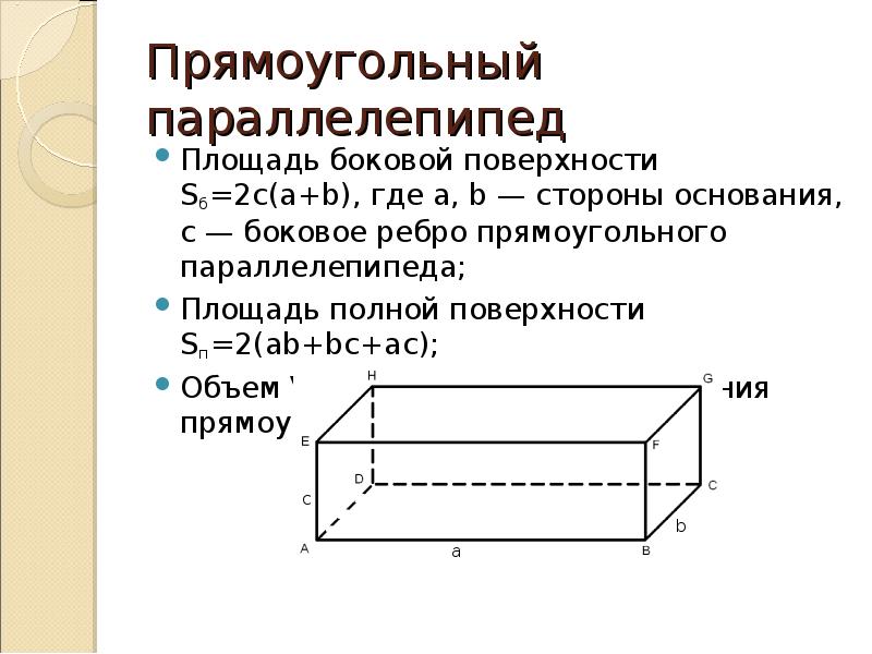 Вычислить полную поверхность параллелепипеда. Боковая площадь параллелепипеда. Площадь боковой поверхности параллелепипеда. Площадь полной поверхности прямоугольного параллелепипеда. Площадь боковой поверхности прямоугольного параллелепипеда.