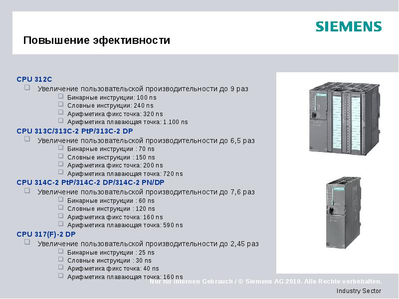 Повышение эфективности CPU 312C Увеличение пользовательской производительности до 9 раз Бинарные