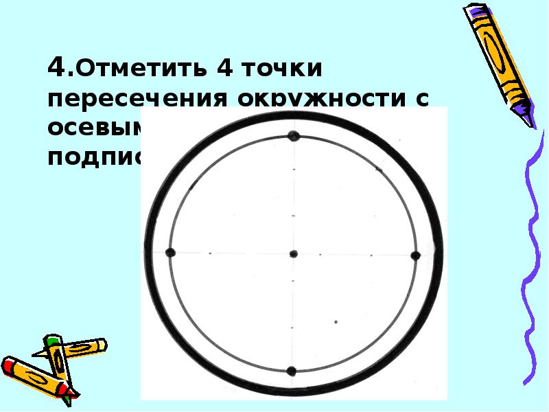 На окружности отмечены 4 точки. Осевые линии окружности. Осевые линии окружности на чертеже. Точка пересечения осевой линии с окружностью. Диаметр круга осевой линии.