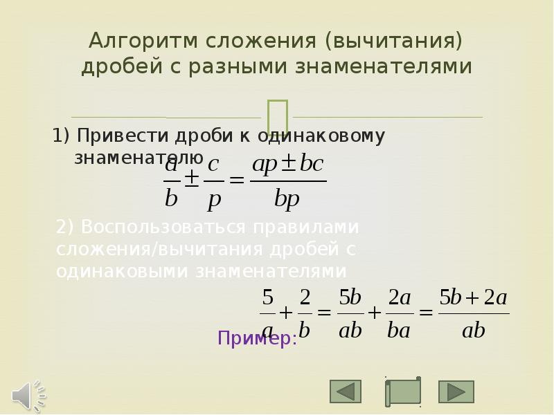 Дроби с разными знаменателями. Алгоритм сложения двух дробей с разными знаменателями. Алгоритм сложения и вычитания дробей с разными знаменателями. Алгоритм вычитания дробей с разными знаменателями. Алгоритм вычитания дробей.