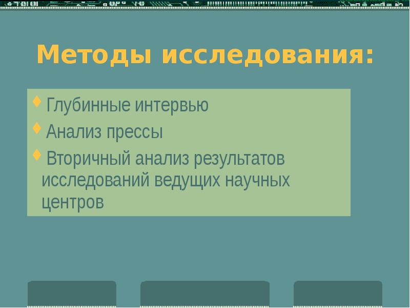 Методы исследования: Глубинные интервью Анализ прессы Вторичный анализ результатов исследований ведущих