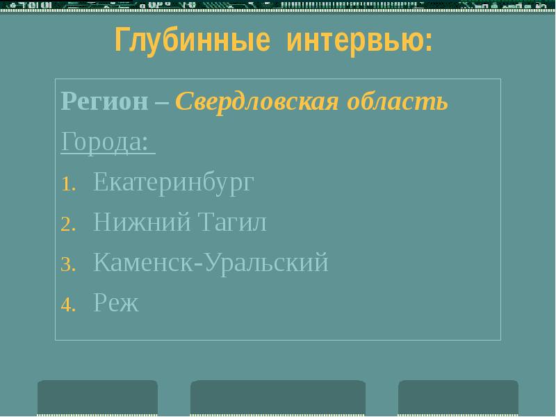 Глубинные интервью: Регион – Свердловская область Города: Екатеринбург Нижний