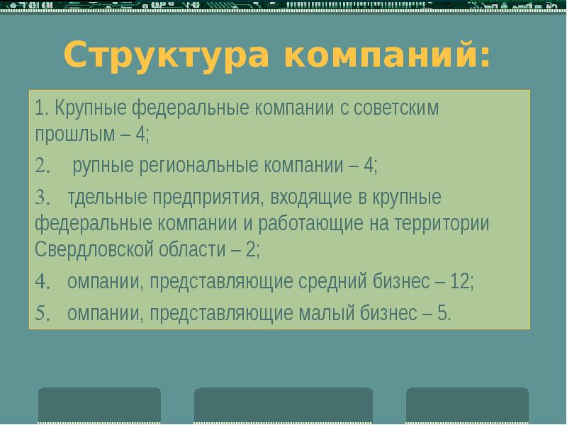 Структура компаний: 1. Крупные федеральные компании с советским прошлым