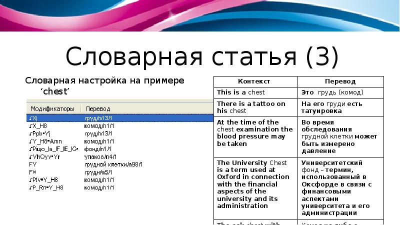 Перевод в контексте. Словарная настройка на примере Chest. Лексические параметры. Файл Словарная статья. Словарная статья про принтер.