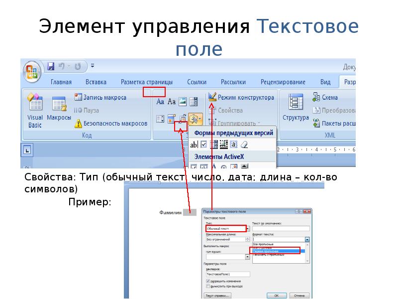 Элементы управления. Элемент управления поле. Элементы управления Word. Элементы управления с текстом.