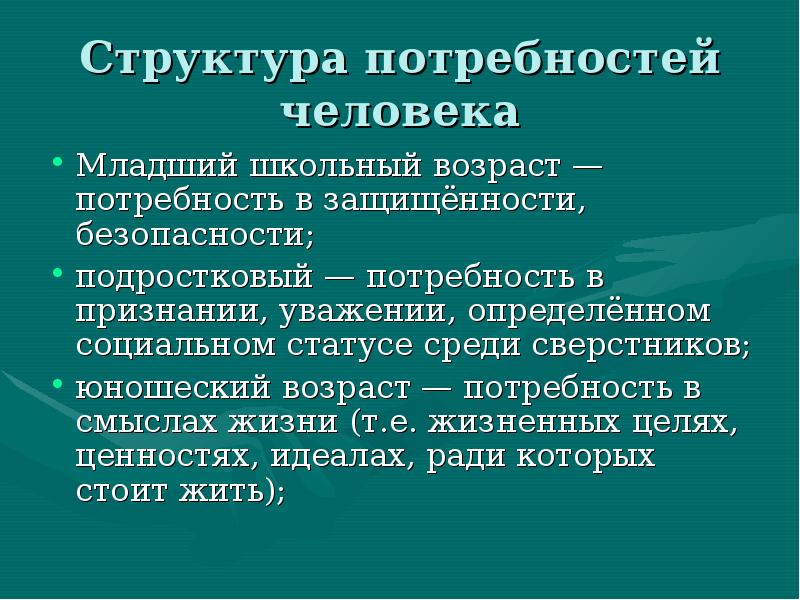 Структура потребностей. Потребности и их структура. Младший школьный Возраст потребности. Основные потребности подросткового возраста.