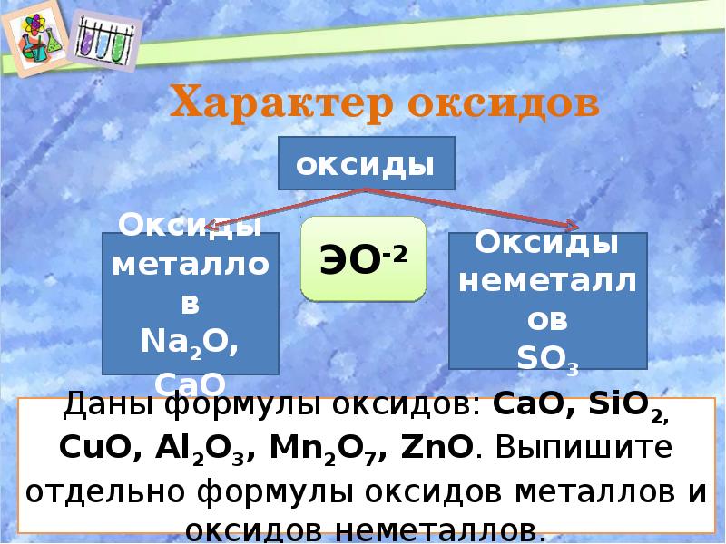 Заполните таблицу элемент оксид характер оксида
