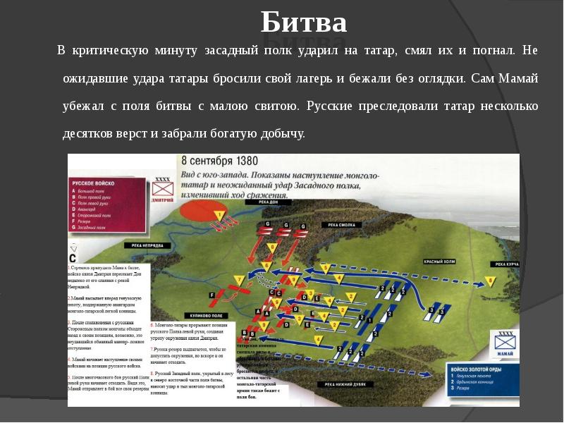 Битва
В критическую минуту засадный полк ударил на татар, смял их Битва
В критическую минуту засадный полк ударил на татар, смял их