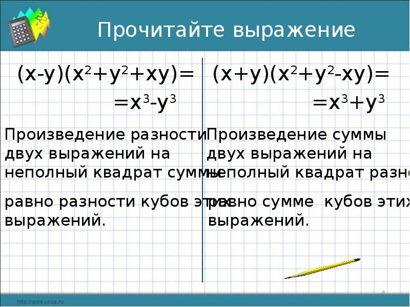 Формулы сокращенного умножения презентация