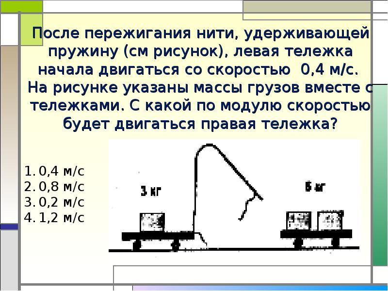 Модуль скорости тележки. Левая тележка приобрела скорость 4 м/с. Задачи с пережиганием нити. Тележка начинает движение с некоторой скоростью. Укажите вес груза.