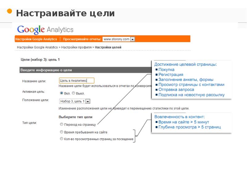 Настроить google analytics. Настройка целей.