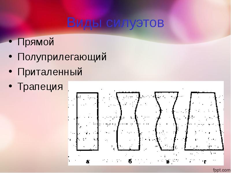 Виды силуэтов. Силуэты прямой полуприлегающий приталенный трапеция. Силуэт приталенный прямой трапециевидный. Виды силуэтов трапеция.