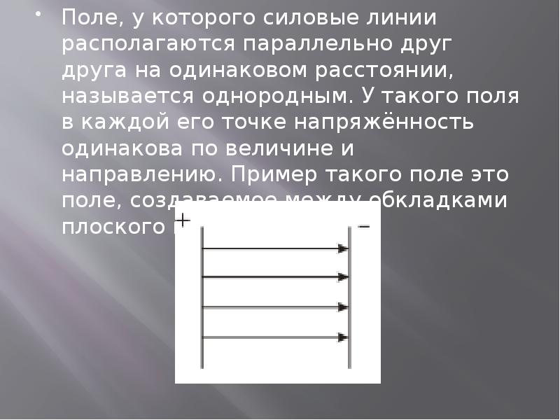 Назовите поли. Однородное электрическое поле. Силовые линии однородного электрического поля. Однородное поле. Однородность электрического поля.