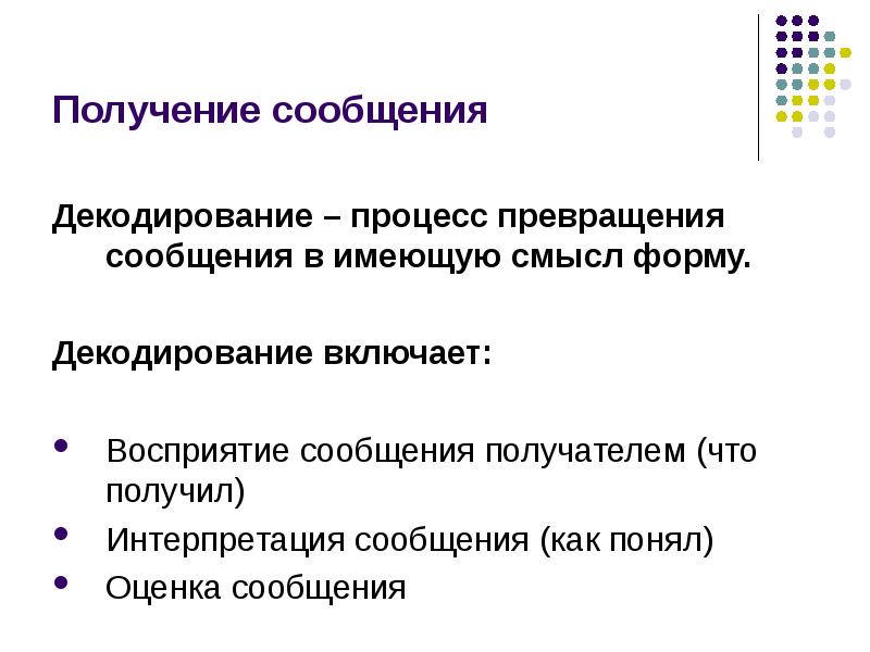 Форм смысла. Декодирование — процесс восприятия. Получение сообщения. Декодирование сообщения получателем. Процесс интерпретации сообщения.