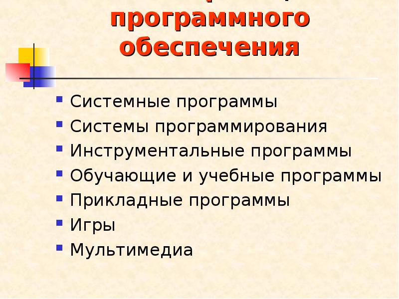 Классификация программного обеспечения Системные программы Системы программирования Инструментальные программы Обучающие и